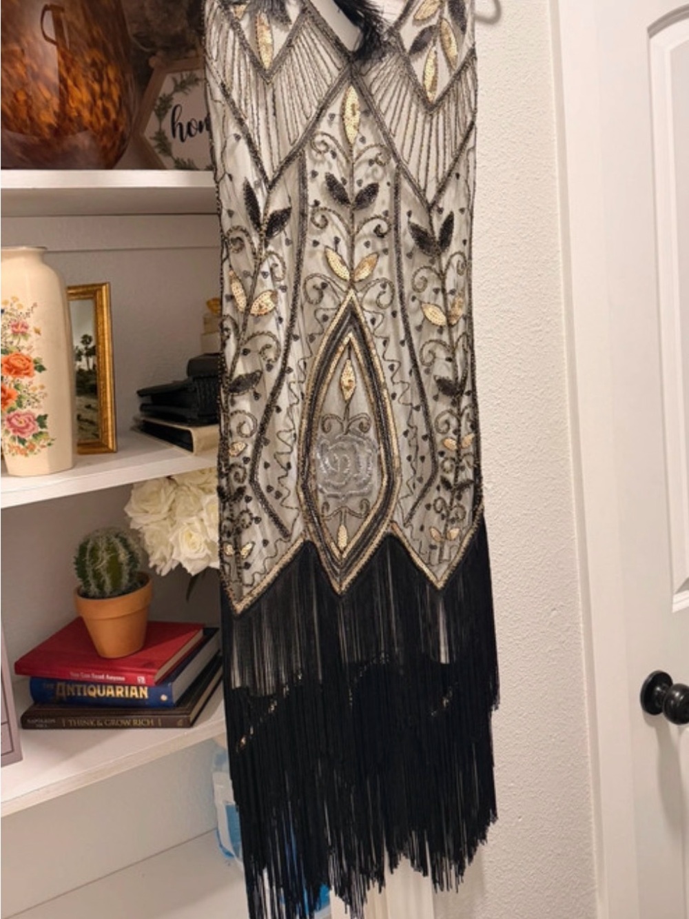 Flapper/Gatsby style Beaded Fringe Midi Dress in Black, Gold & cream